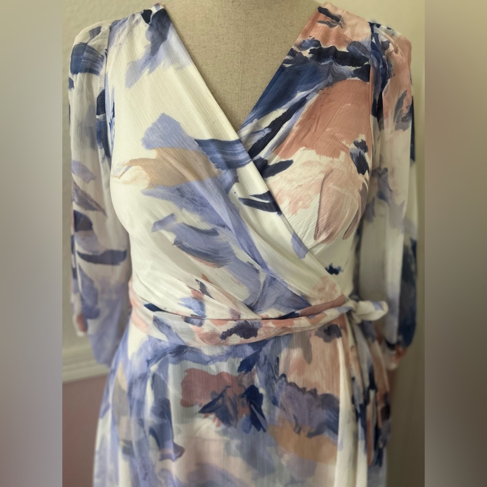 DKNY Blue and Pink Wrap Sundress with Bishop Sleeves - Picture 4 of 12